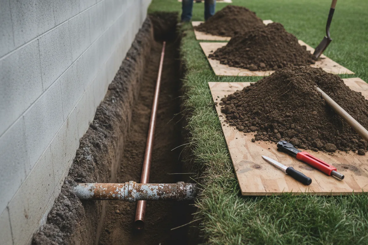 Excavated water line trench during Water Softener Installation in Saint Boniface